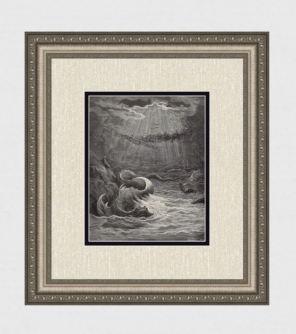 Gustave Dore Leviathan (Milton's Paradise Lost) c. 1880 Wood Engraving Signed: Gustave Dore (Paul Gustave Louis Christophe Dore) (French, 1832-1883). Leviathan, waters of Chaos (Milton's Paradise Lost). Antique Wood Engraving on wove paper executed by master wood engraver Henri 