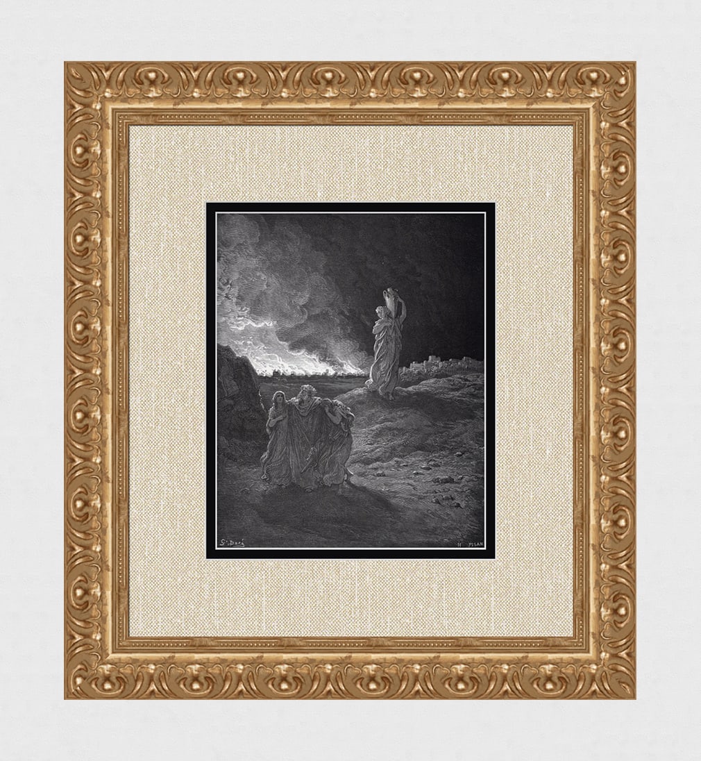 1800s Gustave Dore's Bible Wood Engraving Sodom & Gomorrah Destroyed Framed Signed: Gustave Dore (Paul Gustave Louis Christophe Dore) (French, 1832-1883). The Destruction of Sodom (from Dore's Bible). Antique Wood Engraving on wove paper executed by master wood engraver Heliodore Jos