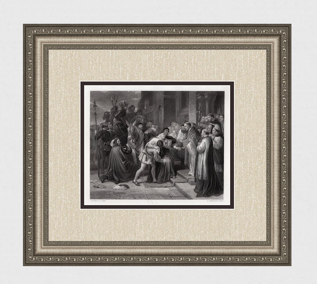 1800s Charles Cope Engraving Wolsey Surrounded by Monks SIGNED Framed: Charles West Cope (English, 1811 - 1890). Wolsey at Leicester Abbey. Antique Engraving on wove paper after the original by master engraver William Greatbach (British, 1802 - 1894). Year: 1859. Signed 