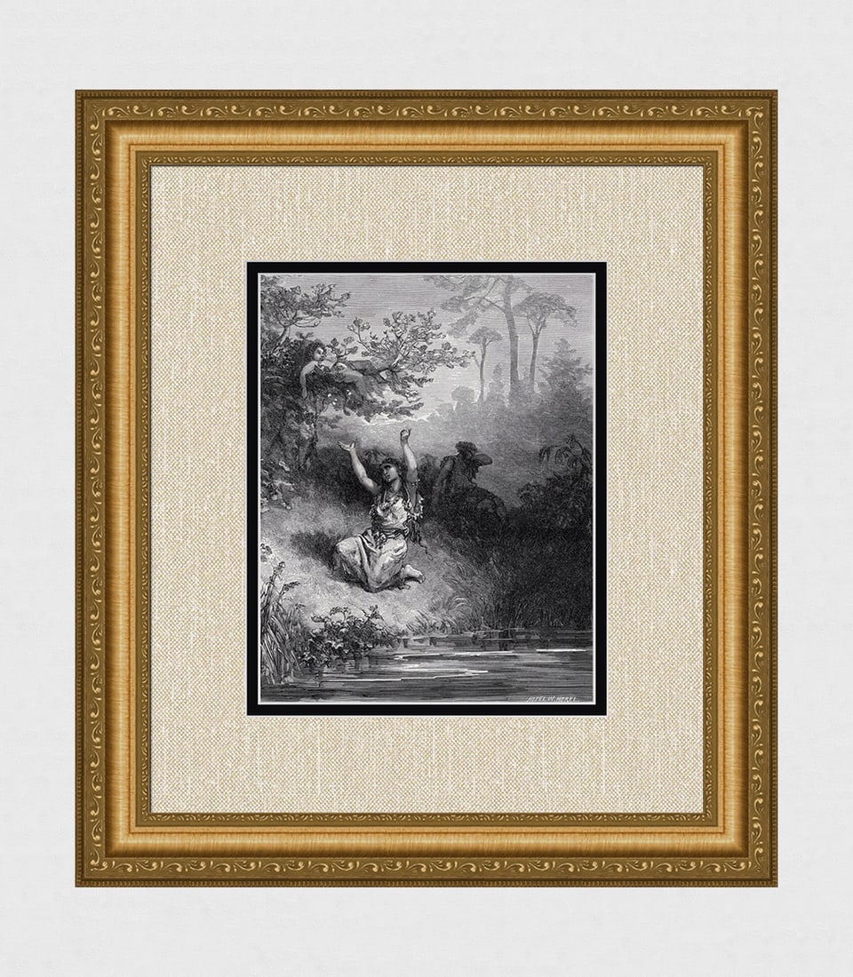 1800s GUSTAVE DORE "Atala" Woodcut "Grieving Mother" FRAMED Signed: Gustave Dore (Paul Gustave Louis Christophe Dore) (French, 1832-1883). The Indian Mother And Her Dead Child (from Atala). Antique woodcut on wove paper after the original by master wood engraver Laure