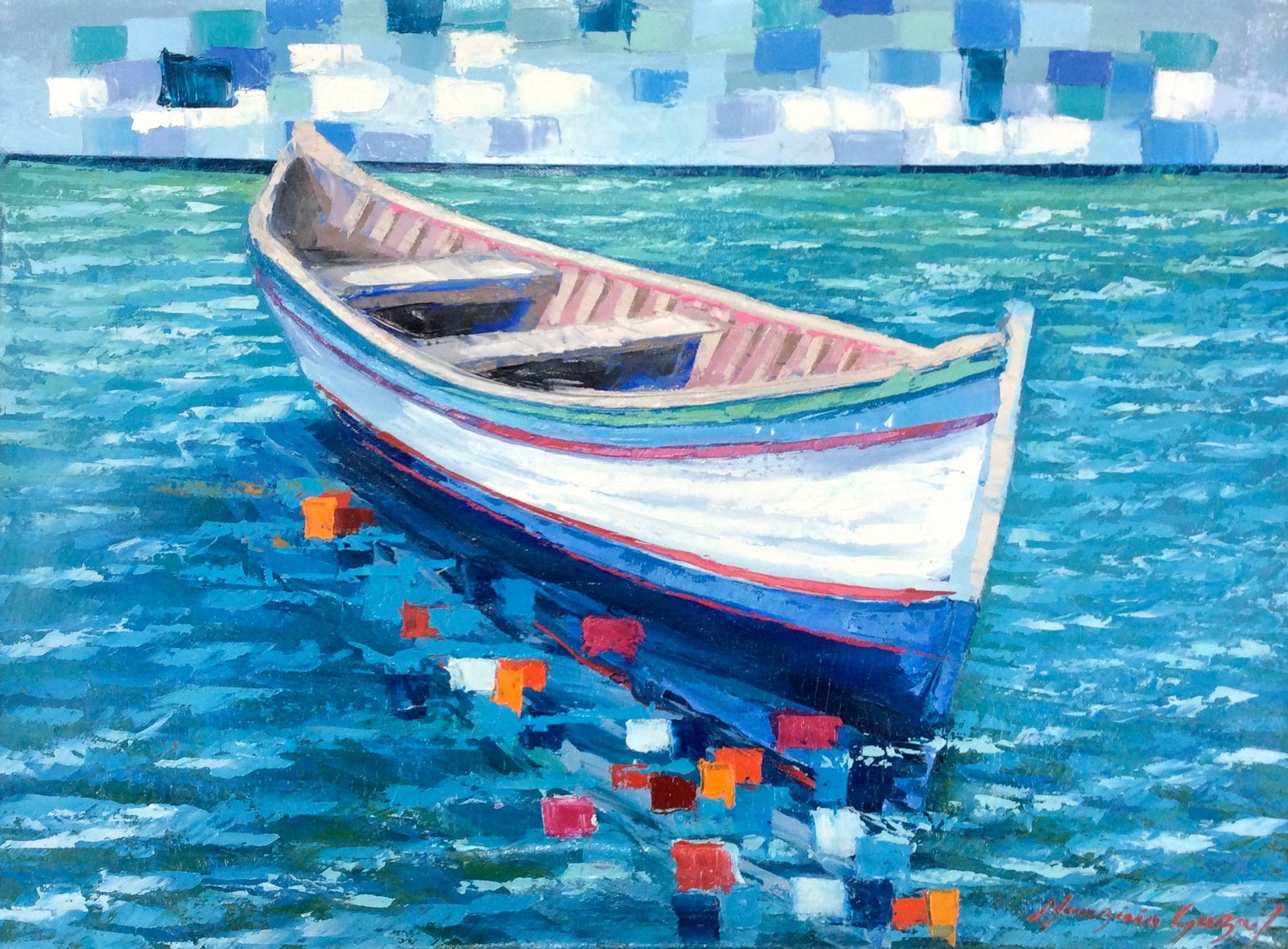 Mauricio Garay Original Painting Rowboat Framed: Mauricio Garay. Boats of Color VI. Original oil painting on canvas. Canvas Size 22 x 16 inches. This piece has been professionally matted and framed using all new materials. Mauricio Garay began to ar