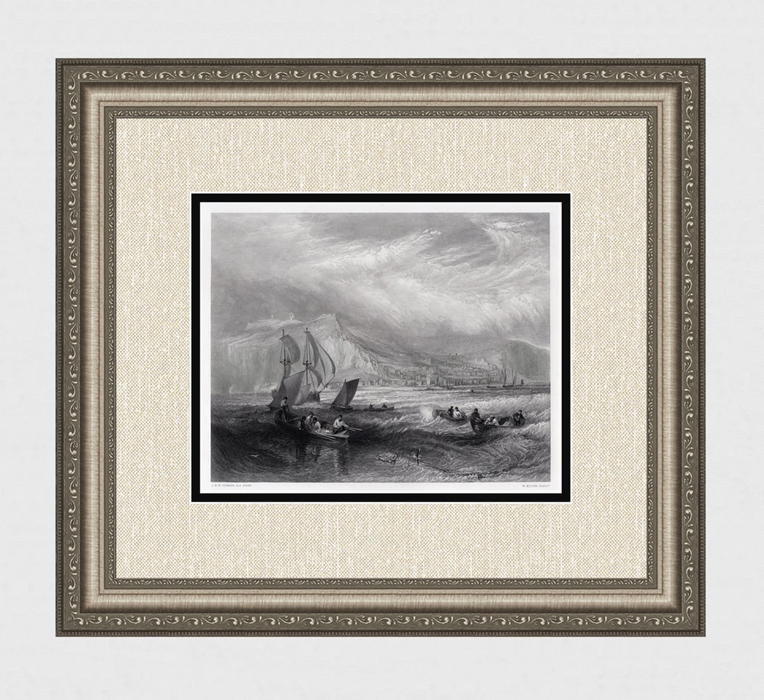 1800s JMW TURNER Engraving "Line Fishing off Hastings" SIGNED Framed: Joseph Mallord William Turner (English, 1775-1851). Line Fishing off Hastings. Antique engraving on wove paper after the original oil painting by master engraver William Miller (Scottish 1796 - 1882).