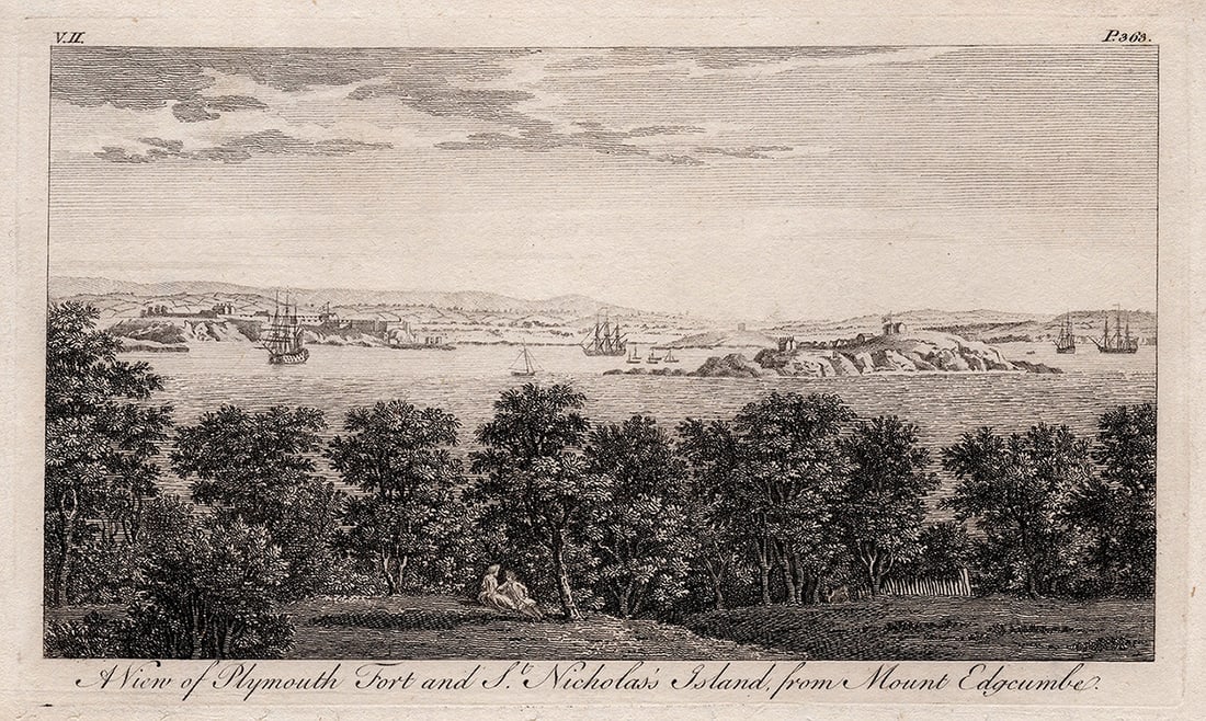 1700s GEORGE LAMBERT & SAMUEL SCOTT Engraving View From Mount Edgcumbe FRAMED: George Lambert (English, 1700 - 1765) and Samuel Scott (British, 1702-1772). A View of Plymouth Fort and St. Nicholas's Island From Mount Edgcumbe. Antique engraving on wove paper after the original b