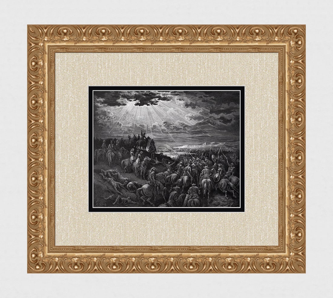 1800s Gustave DORE Biblical Wood Engraving JOSHUA STOPS THE SUN SIGNED FRAMED: Gustave Dore (Paul Gustave Louis Christophe Dore) (French, 1832-1883). Joshua Commanding the Sun to Stand Still (From Dore's Bible). Antique Wood Engraving on wove paper after the original by a master
