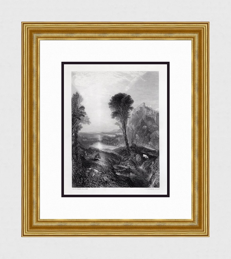 1800s JMW TURNER Engraving Mercury And Argus Landscape Signed Framed: Joseph Mallord William Turner (English, 1775-1851). Mercury and Argus. Antique engraving on wove paper after the by master engraver James Tibbits Willmore (British,1800-1863). Year: 1865. Signed in th
