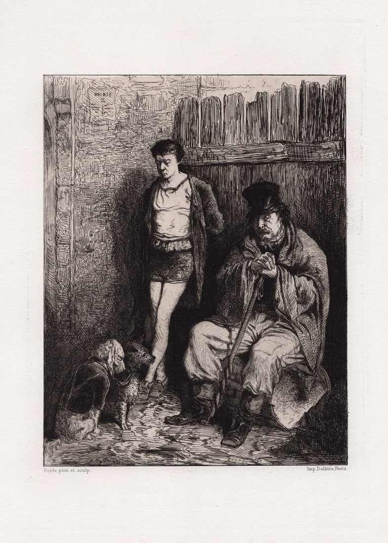 Pierre-Marie Beyle Permission Refused 1870 etching: Pierre-Marie Beyle (French, 1838-1902). Permission Refused. Antique etching on wove paper. 1870. Signed in the plate,lower left. Excellent. Image Size 6 1/8 x 9 1/4 inches. Approximately 14 x 17 inche