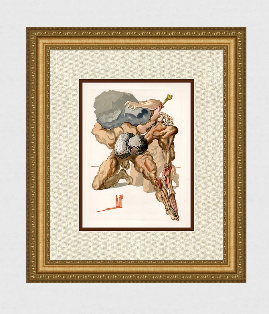 1960 Salvador Dali Authentic Woodcut Enferno Divine Comedy Framed: Salvador Dali. (1904-1989). "The Avaricious and the Prodigal" Enferno Canto 7. Authentic Original Color Woodcut from The Divine Comedy Printed in 1960 on B.F.K. Rives Paper ( this is not a reproductio