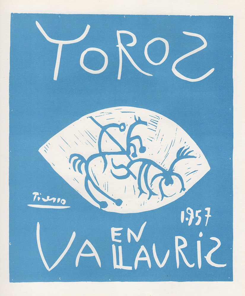 Pablo Picasso 1959 lithograph Toros en Vallauris III signed: Pablo Picasso. (1881-1973). Toros en Vallauris III. Color Lithograph after the Original Poster. 1959. Signed in the plate. Excellent. Sauret. Atelier Mourlot. Image Size - 8 1/4 x 10 inches. Approxima