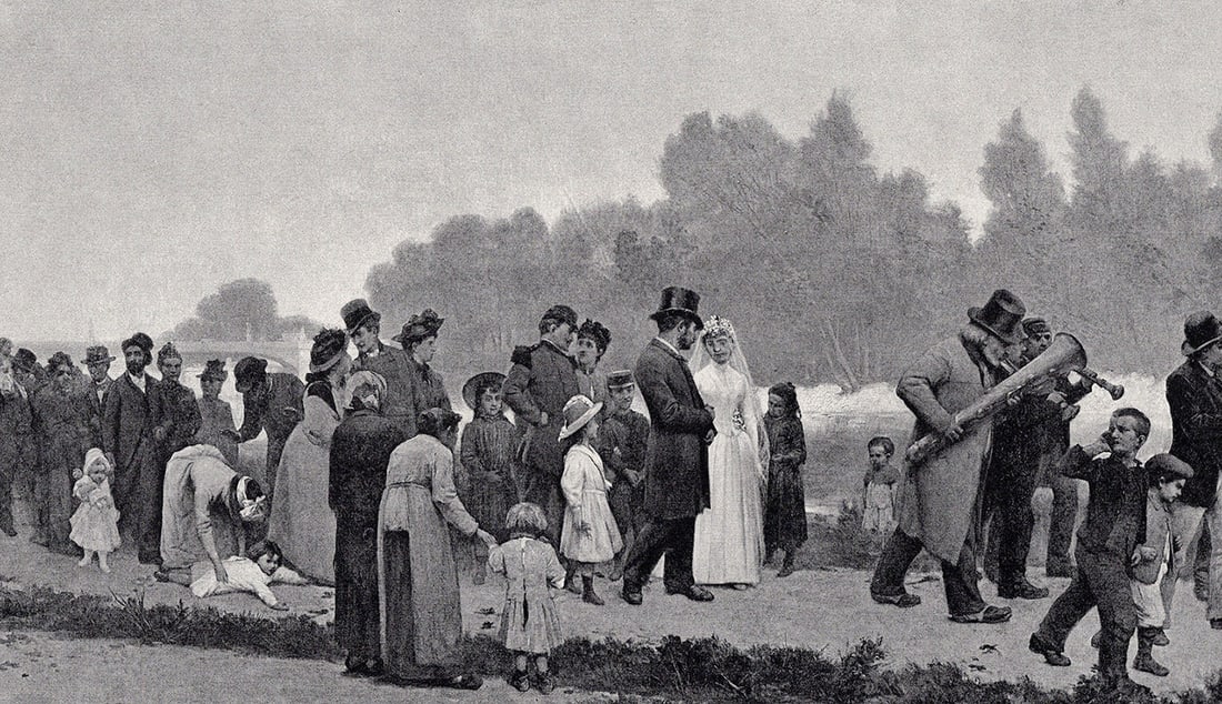 Alphonse Cornet 1800s Antique Print Wedding Party in Paris SIGNED Framed: Alphonse Cornet (French, 1814-1874). Wedding Party in the Suburbs of Paris. Antique print after the original. Year: c. 1890. Signed in the plate, lower left. Image Size 7 1/4 x 11 5/8 inches. Framed d