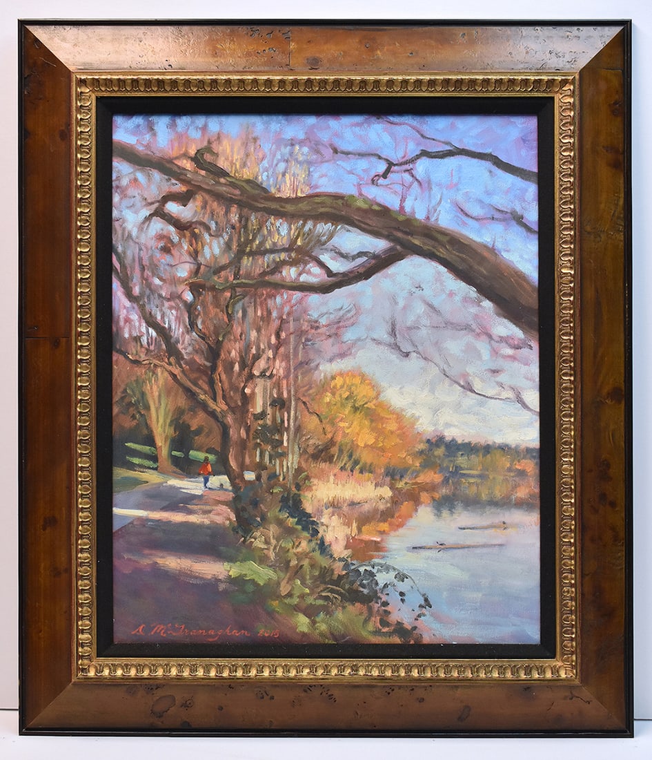 David McGranagham Oil Painting Green Lake Framed: David McGranahan (American). A Walk in Green Lake. Original oil painting on Canvas. Signed and dated by the artist lower left. Canvas Size 16 x 20 inches. Framed dimensions approximately 22 3/4 x 26 1