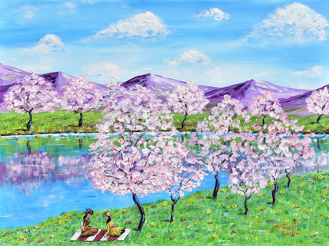 Arthur Kinslow Original Painting Cherry Blossoms II 36 x 48 Inches: Arthur Kinslow ( American, 1955 - ) Cherry Blossoms II. Original Acrylic on Canvas.Signed by the artist lower center. Canvas Size 36 x 48 inches. Arthur Kinslow has been involved in art his entire lif