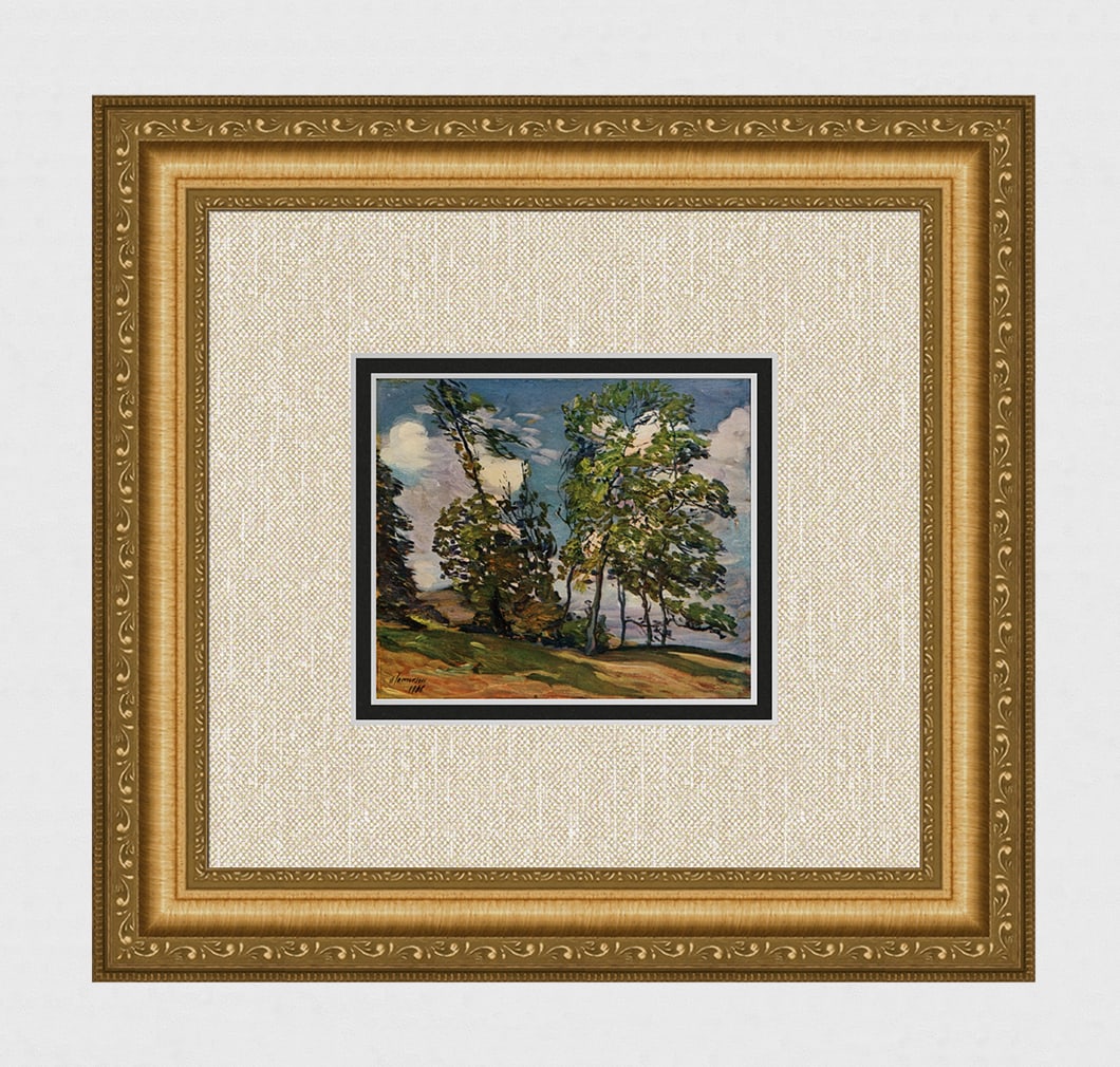 FRAMED Alexander Jamieson Antique Color Print Windy Day Landscape SIGNED: Alexander Jamieson (Scottish, 1752- 1850). A Windy Day. Antique color print on wove paper after the original oil painting. Year: 1910/1911. Signed in the plate, lower right. Image Size 4 7/8 x 5 5/8 i