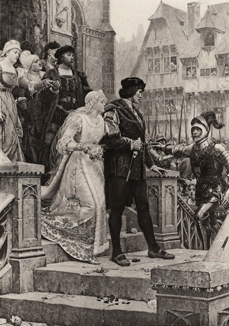 Edmund Blair Leighton 1800s Antique Print A Call To Arms Signed Framed COA: Edmund Blair Leighton (1852 - 1922). A call to Arms. Antique heliogravure after original by a master engraver. Signed in the plate, lower right. Year: 1890. Image Size 6 7/8 x 9 3/4 inches. Framed dim