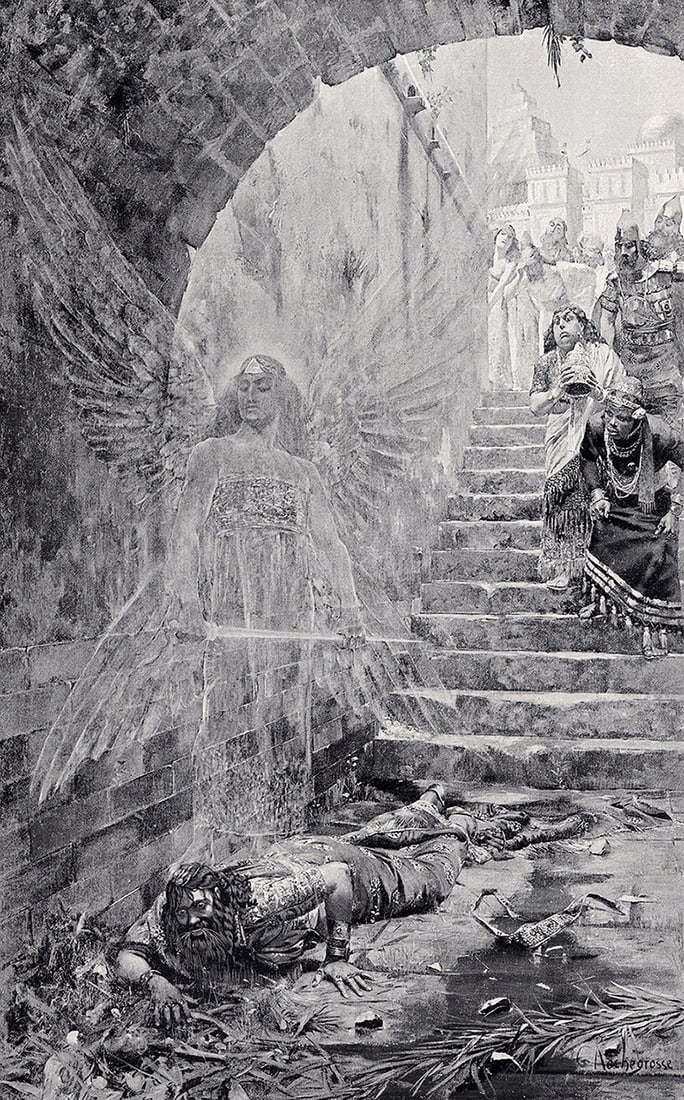 ROCHEGROSSE 1800s Antique Print Nebuchadnezzar and the Angel SIGNED Framed: Georges Rochegrosse (1859-1938). Nebuchadnezzar's Degradation. Antique print after the original. Year: c. 1890. Signed in the plate, lower right. Image Size 7 1/4 x 11 5/8 inches. Framed dimensions ap