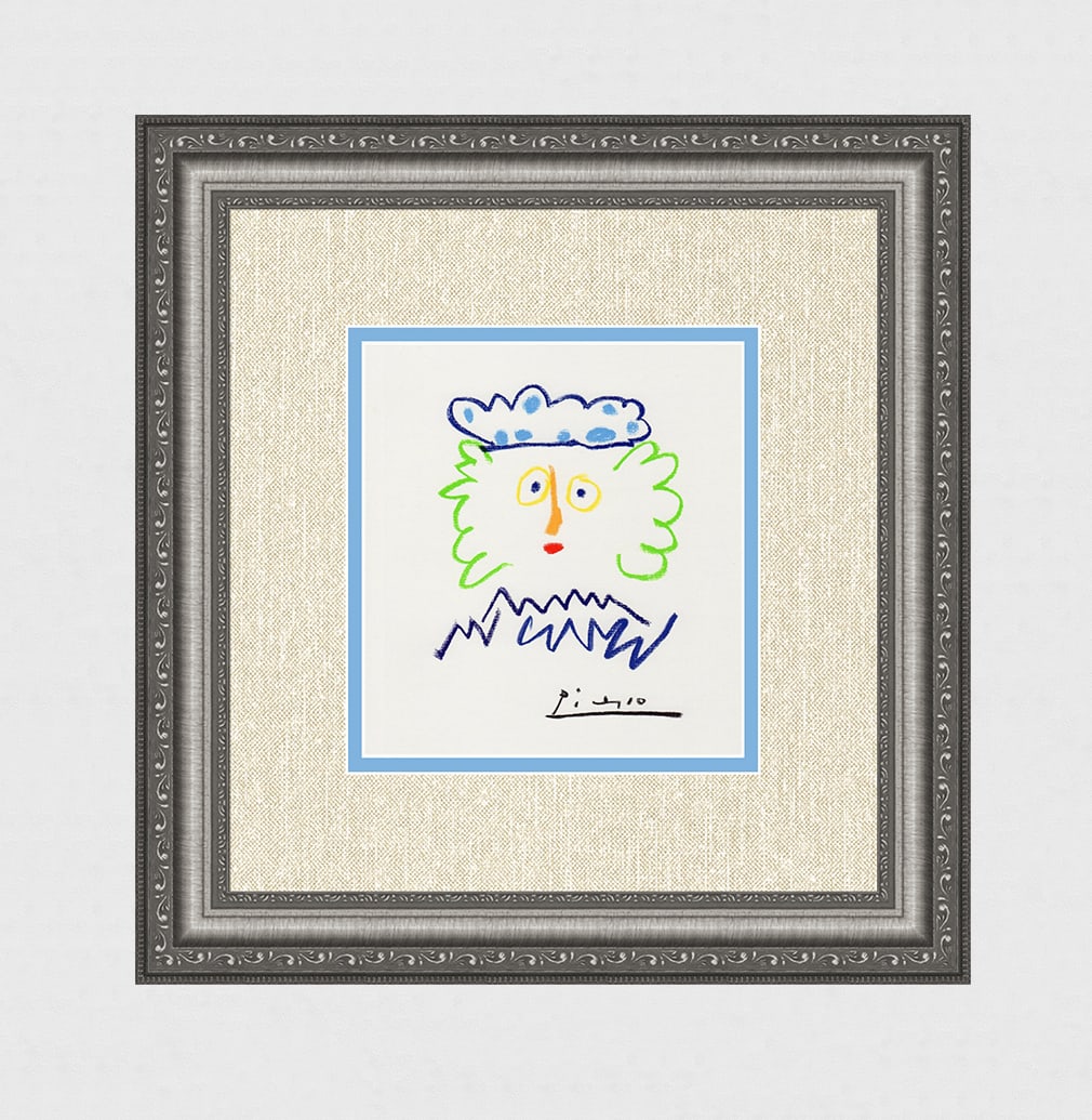 1968 Pablo Picasso Color Lithograph "Man with a Blue Hat" Framed Limited Signed: Pablo Picasso (1881 - 1973). Man wearing a Blue Hat. 1968 Color lithograph after the pastel on Wove paper. Signed in the Plate. Limited to 100 examples. Verlag Ullstein GmbH. Image size 7 x 8 inches. 