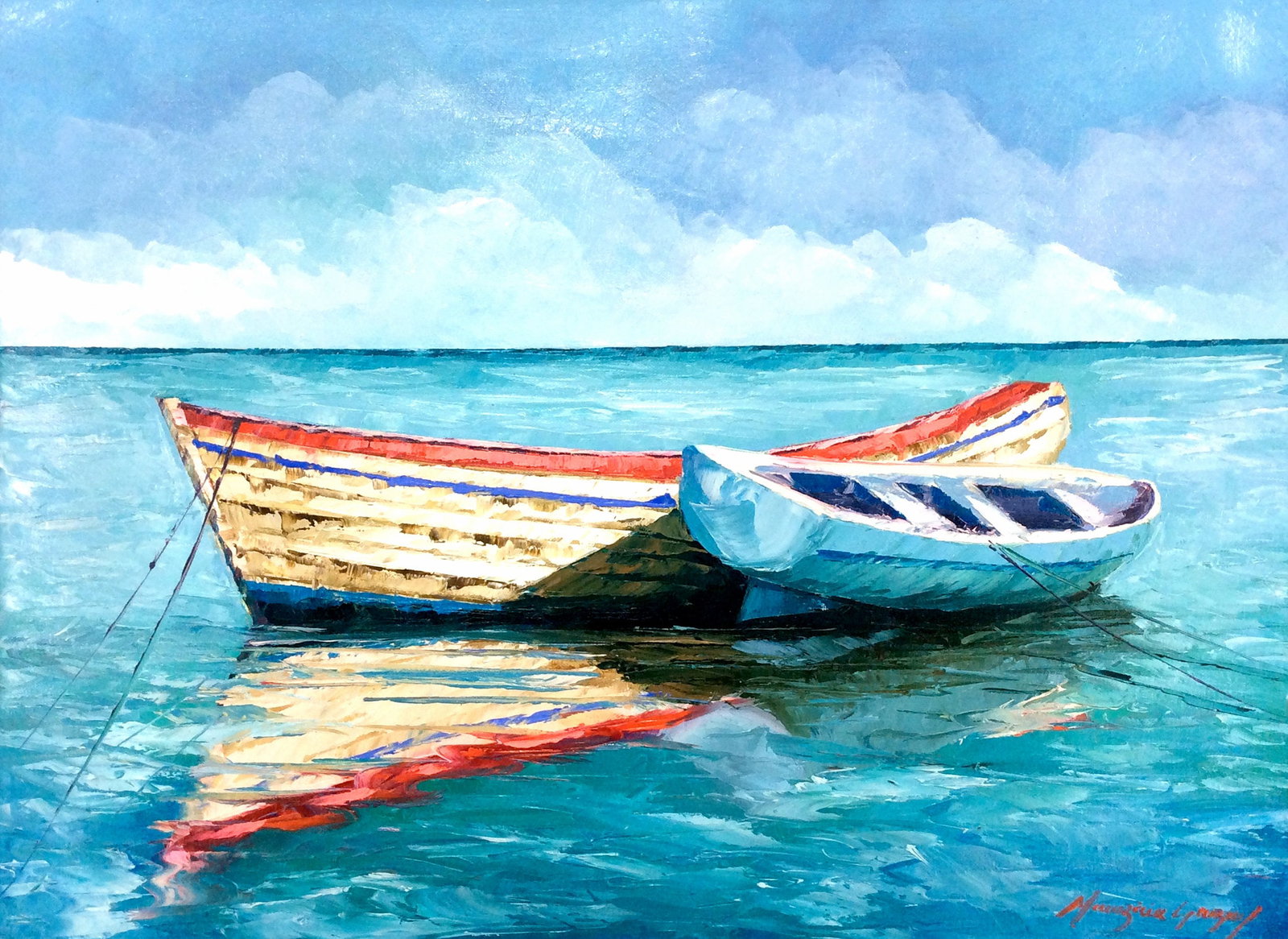 Mauricio Garay Original Painting In the Water Framed: Mauricio Garay. Boats of Color VIII. Original oil painting on canvas. Canvas Size 22 x 16 inches. This piece has been professionally matted and framed using all new materials. Mauricio Garay began to 