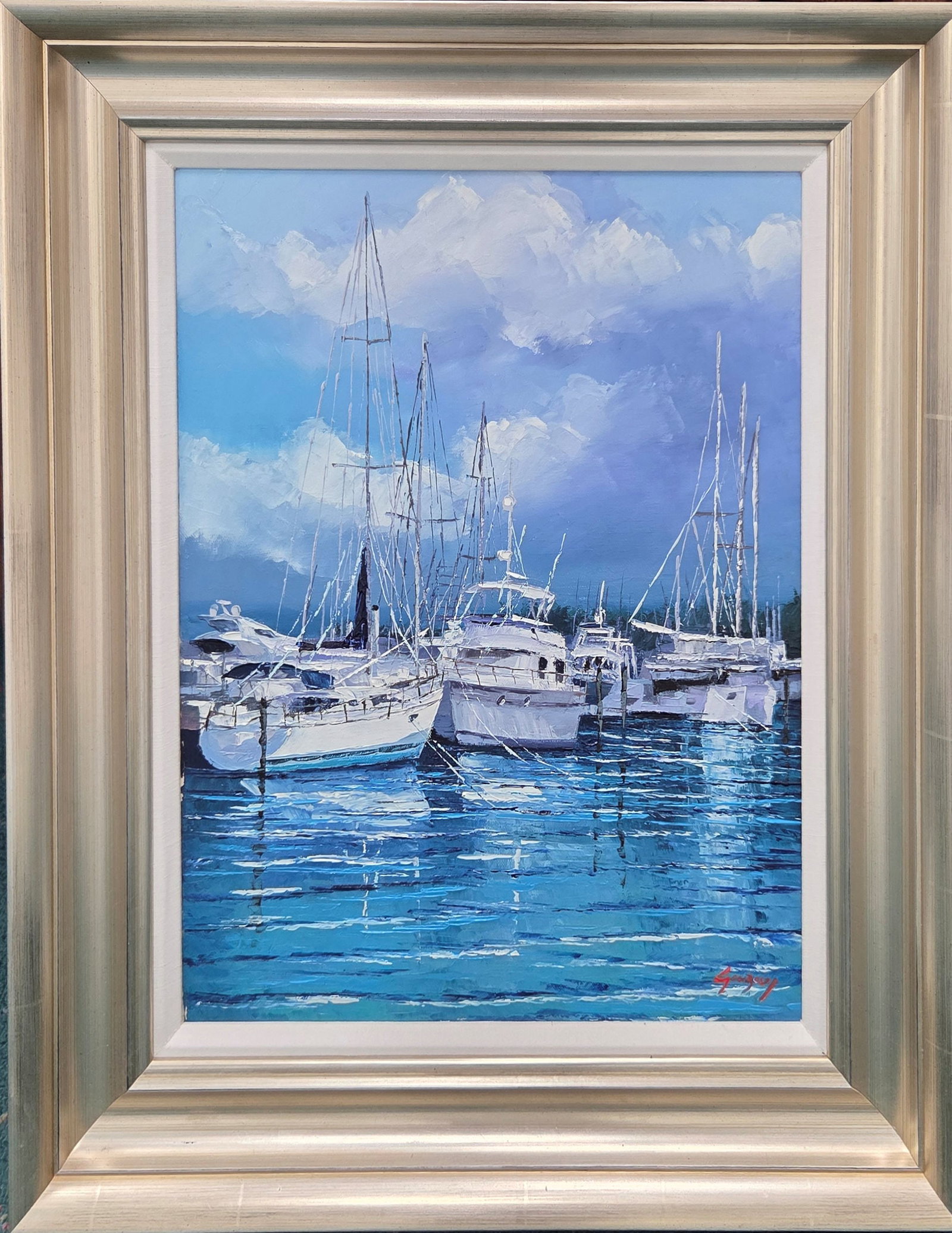 Mauricio Garay Original Painting Marina XXXVI Framed: Mauricio Garay. Marina XXXVI. Original oil painting on canvas. Canvas Size 16 x 20 inches. This piece has been professionally matted and framed using all new materials. Mauricio Garay began to arouse 