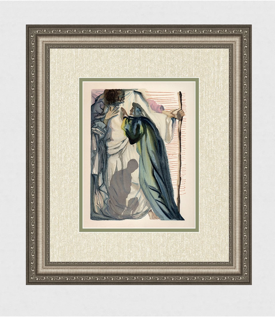 1960 Salvador Dali A Spirit + Dante Authentic Woodcut: Salvador Dali. (1904-1989). "A Spirit Questions Dante" Purgatory Canto 14. Authentic Original Color Woodcut from The Divine Comedy Printed in 1960 on B.F.K. Rives Paper ( this is not a reproduction, c