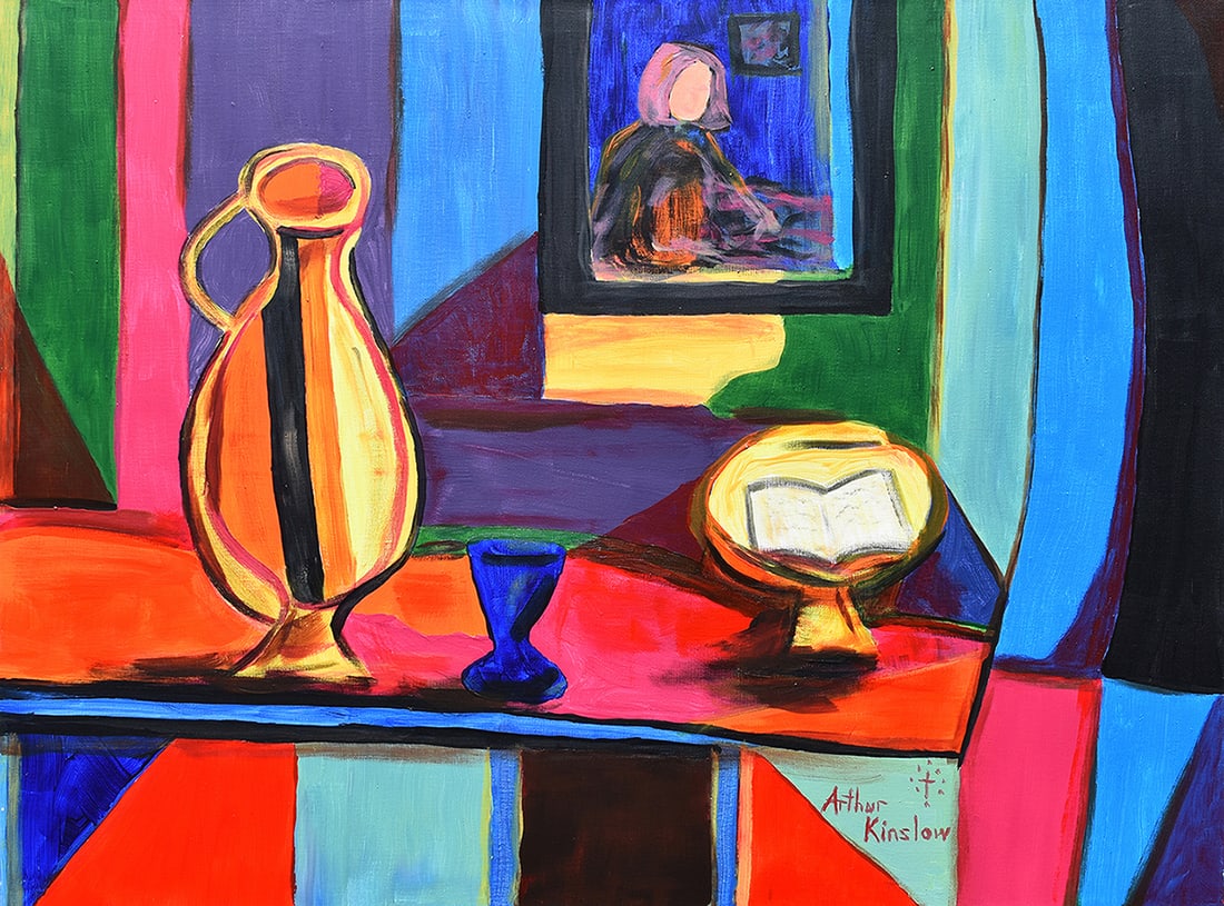 Arthur Kinslow Original Painting Interior Still Life 30 x 40 Inches: Arthur Kinslow ( American, 1955 - ) Interior (Still Life with a Pitcher). Original Acrylic on Canvas.Signed by the artist lower center. Canvas Size 30 x 40 inches. Arthur Kinslow has been involved in 