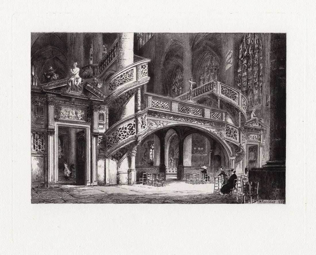 Charles Henri Toussaint The Screen of St. Etienne-du-Mont, at Paris 1881 etching: Charles Henri Toussaint. (French, 1849-1911). The Screen of St. Etienne-du-Mont, at Paris. Original etching on laid paper. 1881. Signed in the Plate lower right. Excellent. Image Size 7 3/4 x 9 3/4 in