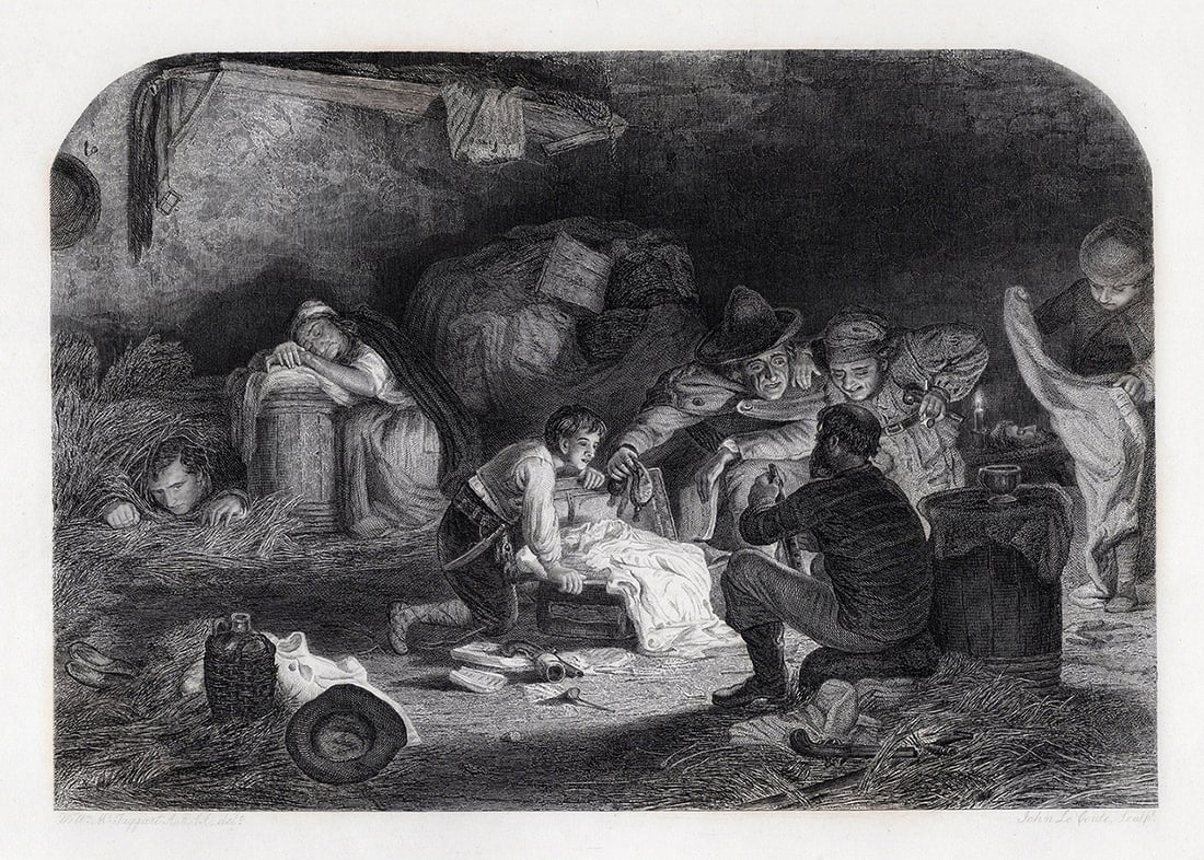 1800s William McTaggart Dowie Dens of Yarrow Engraving FRAMED SIGNED: William McTaggart (Scottish 1835 - 1910). Harry Bertram in the kaim of Derncleugh. Antique engraving on wove paper by master engraver John Le Conte (British, 1816-1877). Signed in the plate. Year: 186