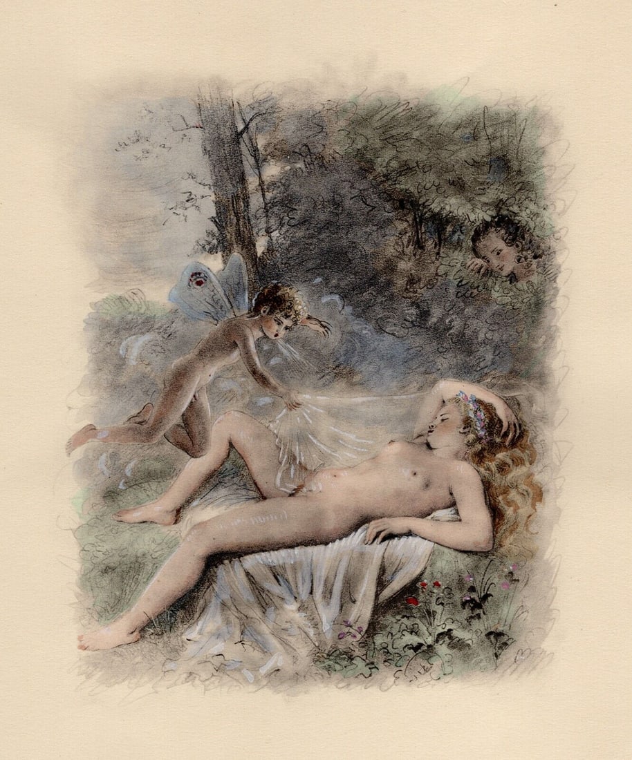 Original 1947 Paul-Emile Becat Nude Limited Lithograph The Love Spell Framed: Paul-emile Becat (French, 1885 - 1960). Third Kiss, The Justified Bee (Troisieme Baiser, L'abeille Justifiee). Original lithograph on Chiffon Renage paper. Year: 1947. Numbered limited edition. This i