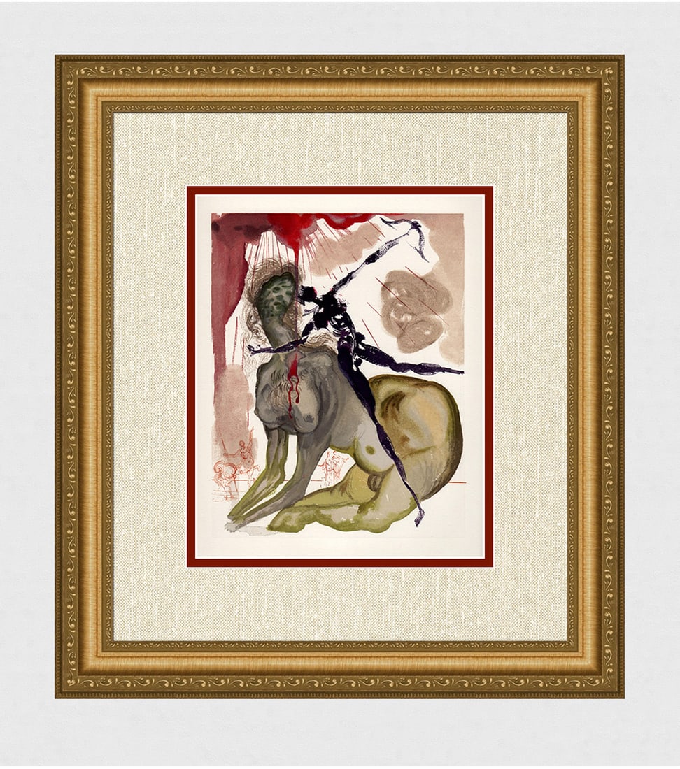 1960 Salvador Dali Minotaur Authentic Woodcut: Salvador Dali. (1904-1989). "The Minotaur" Enferno Canto 12. Authentic Original Color Woodcut from The Divine Comedy Printed in 1960 on B.F.K. Rives Paper ( this is not a reproduction, copy, or reprin