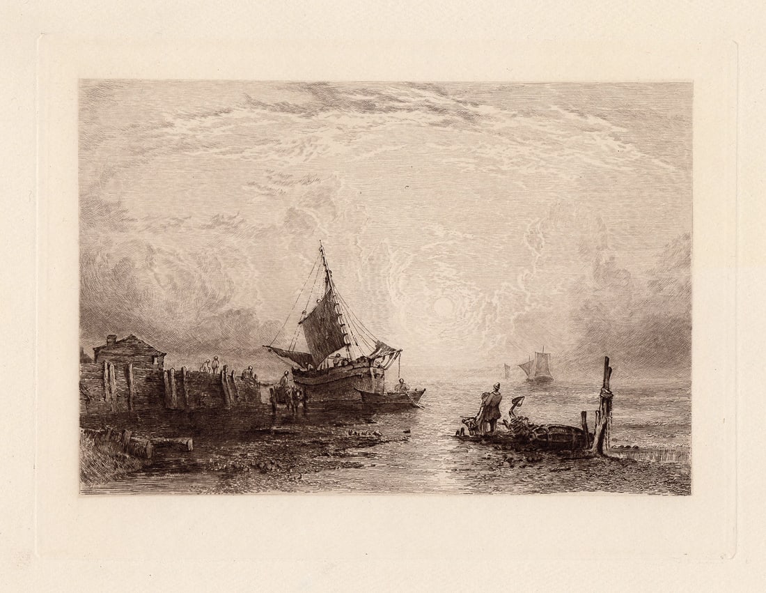 Copley Fielding Coastal Scene at Sunset 1889 Etching: Copley Fielding (1787-1855). Coastal Scene at Sunset. Hand Pulled Copper Plate Etching on Laid Paper after the original by Master Engraver E.W. Evans. 1889. Inage size 6 x 9 inches. Framed dimensions 
