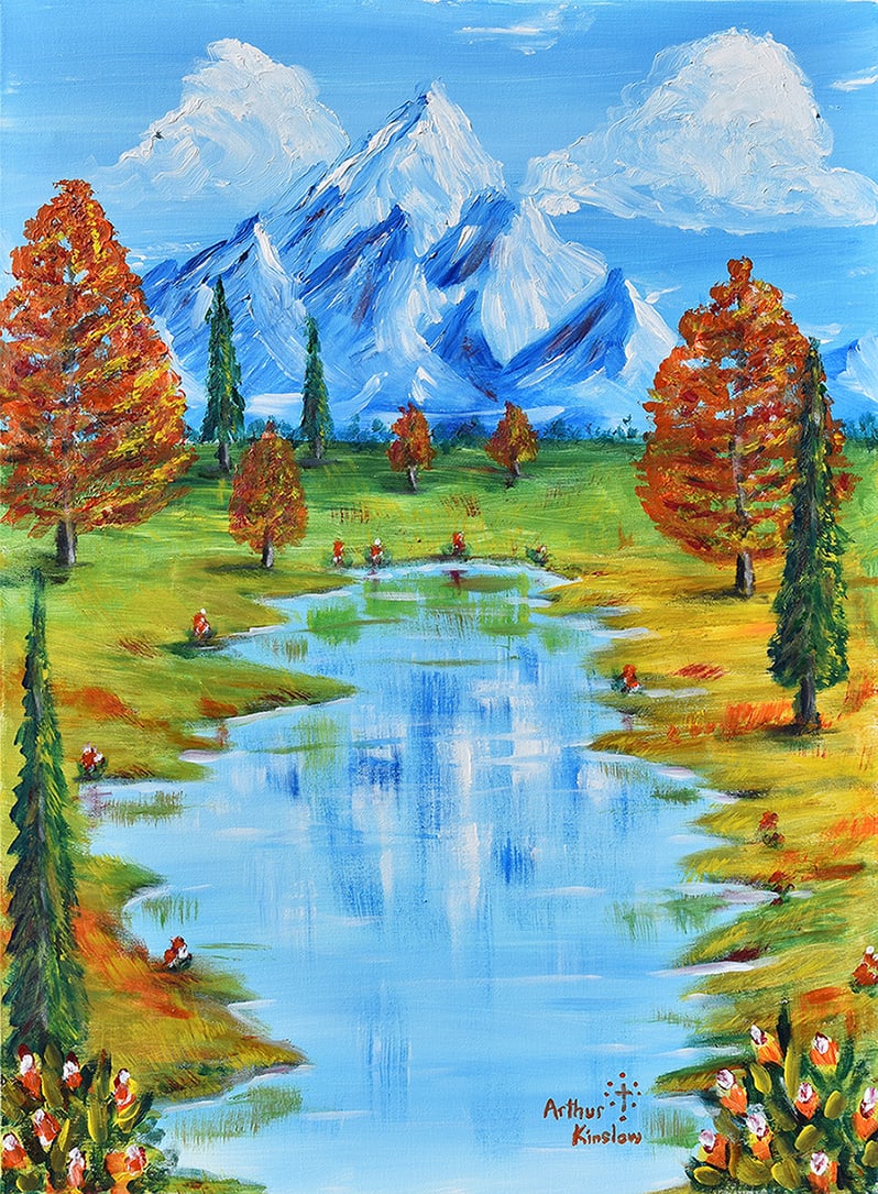 Arthur Kinslow Orginal Painting Mountain Retreat 30 x 40 Inches Landscape: Arthur Kinslow ( American, 1955 - ) Mountain Retreat. Original Acrylic on Canvas.Signed by the artist lower center. Canvas Size 30 x 40 inches. Arthur Kinslow has been involved in art his entire life 