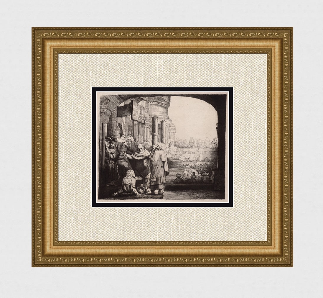 1800s REMBRANDT B94 Etching SIGNED Peter + John Healing the Sick Durand: After Rembrandt Harmenszoon Van Rijn (1606-1669). Title: Peter and John Healing the Cripple at the Gates of the Temple. Medium: Antique hand pulled copper plate etching on laid paper after the origina