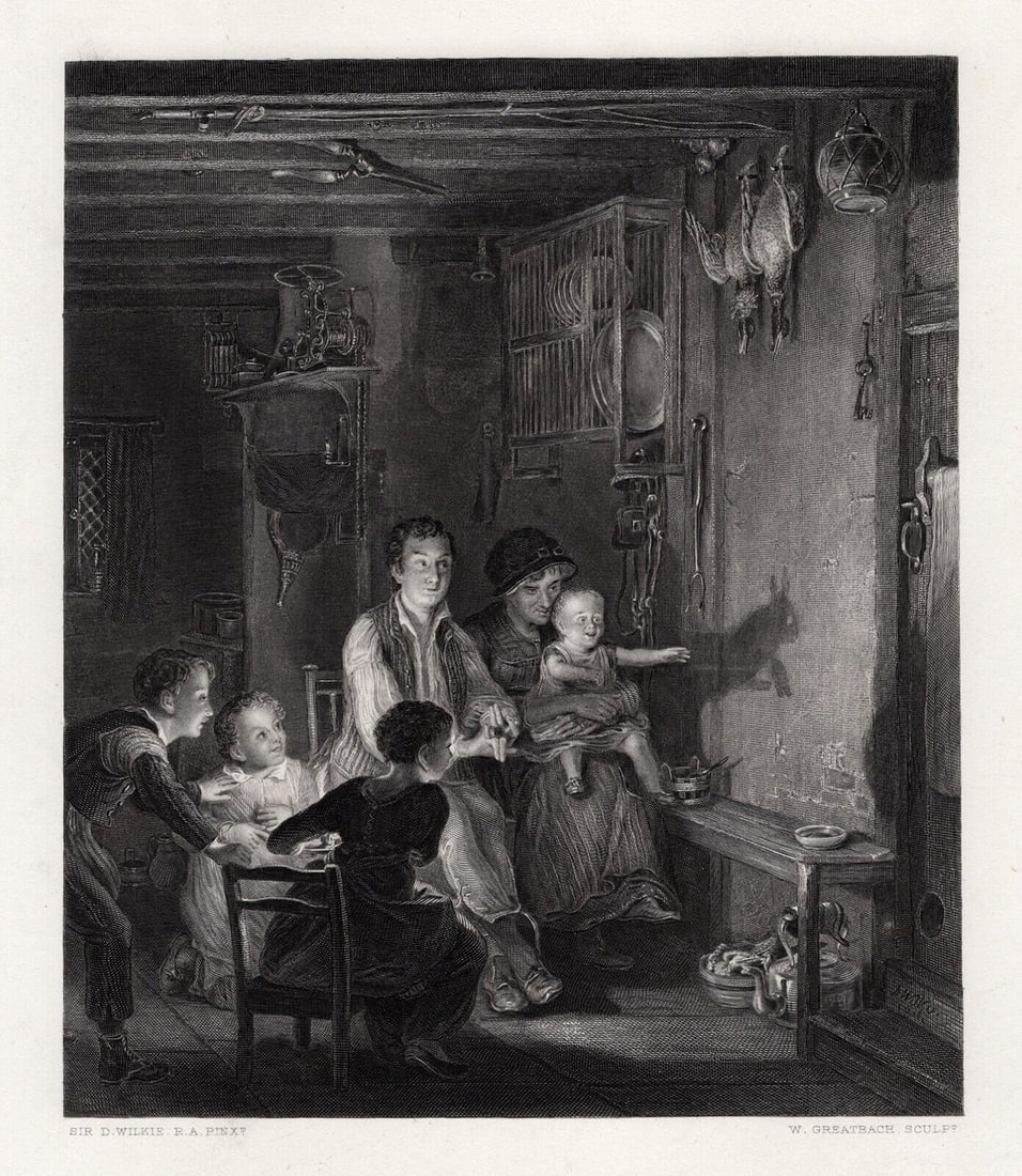 1800s DAVID WILKIE 1800s Engraving Shadow Play SIGNED FRAMED: Sir David Wilkie (Scottish, 1785-1841). The Rabbit on the wall. Antique engraving on wove paper after the original by master engraver William Greatbach (British, 1802-1894). Year: 1878. Signed in the 