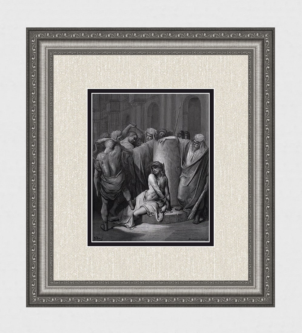 1800s Gustave DORE Woodcut Pilate Delivers Jesus SIGNED FRAMED: Gustave Dore(Paul Gustave Louis Christophe Dore) (French, 1832-1883. Jesus Scourged (from Dore's Bible). Antique woodcut wove paper after the original by a master wood engravers Adolphe Fran?ois Panne