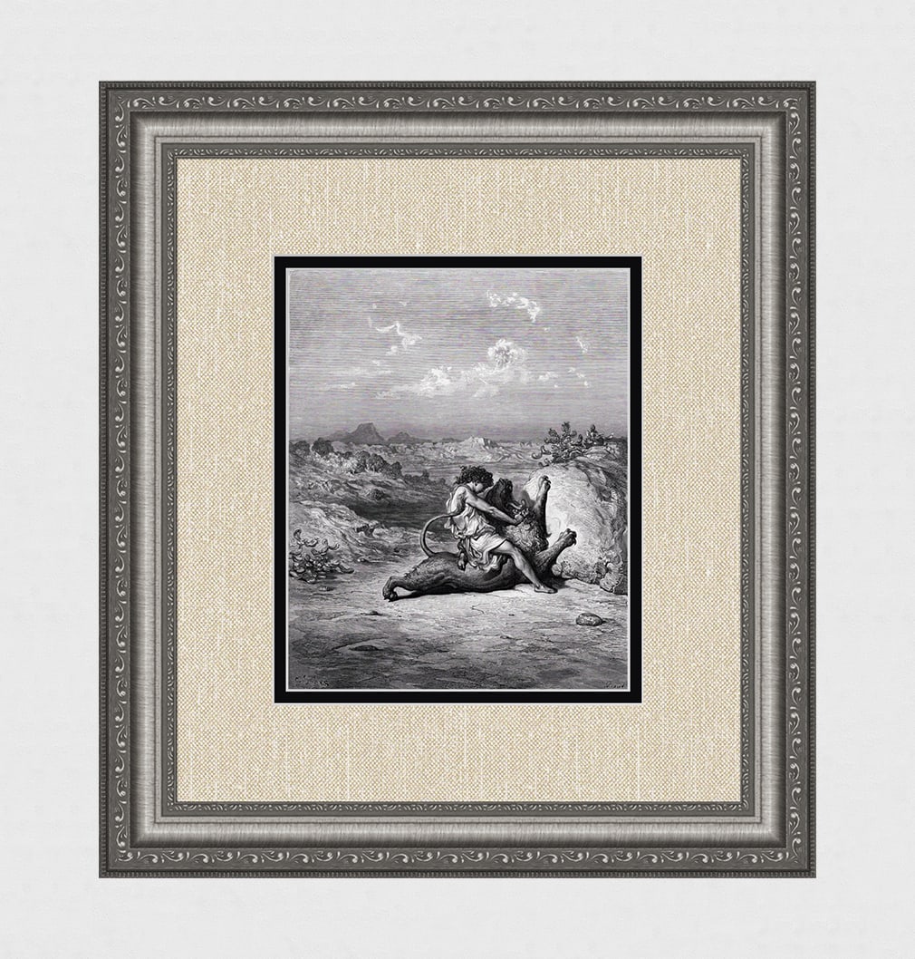 SIGNED 1800s GUSTAVE DORE Religious Wood Engraving SAMSON SLAYS THE LION Framed: Gustave Dore (Paul Gustave Louis Christophe Dore) (French, 1832-1883). Samson Slays a Lion (From Dore's Bible). Antique Wood Engraving on wove paper executed by master wood engraver Antoine Alphee Pia