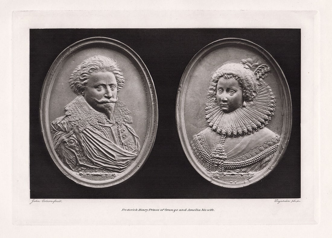 John Osborn Medallions of the Prince and Princess of Orange 1893 Print: John Osborn. Medallions of the Prince and Princess of Orange. Antique Heliogravure on wove paper after the original Portrait Medallions in pressed horn by master engraver Dujardin. 1893. Image Size 7 