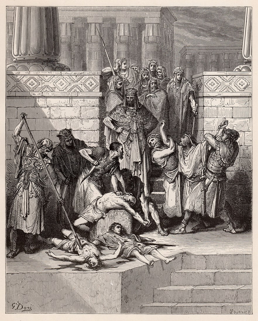 Gustave Dore Nebukadnezar Mordet die Kinder Zidekia's (Nebuchadnezzar Murdering the Children: Gustave Dore (Paul Gustave Louis Christophe Dore )(French, 1832-1883). Nebukadnezar Mordet die Kinder Zidekia's (Nebuchadnezzar Murdering the Children Zedekiah's). Antique woodcut on wove paper after 