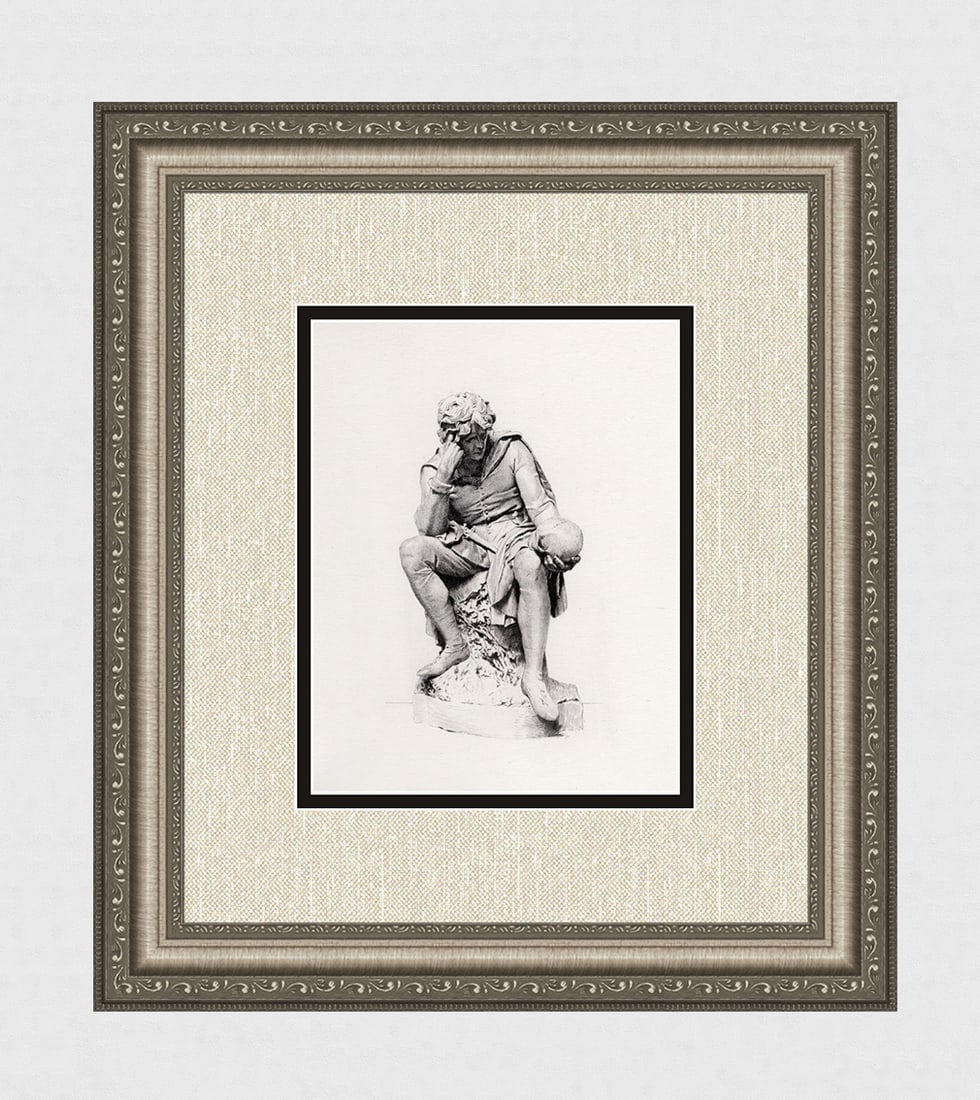 Lord Ronald Gower 1800s Historic Etching HAMLET Gallery Framed: Lord Ronald Charles Sutherland-Leveson-Gower (British, 1845 - 1916). Hamlet. Antique engraving on wove paper after the original sculpture by master engraver Leopold Flameng (French, 1831-1911). Year: 