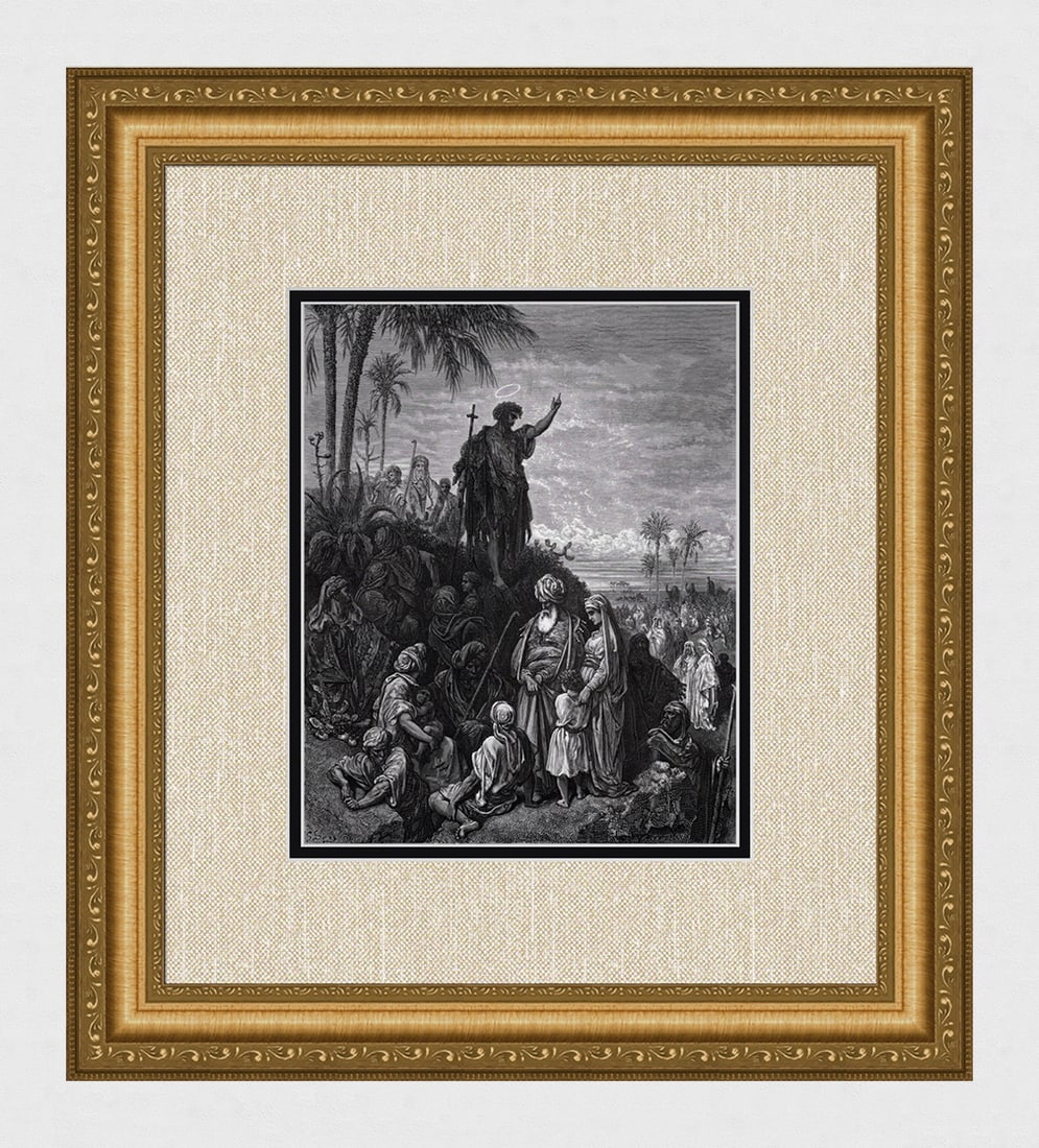 1800s Gustave DORE'S BIBLE Woodcut The Mission of John the Baptist SIGNED FRAMED: Gustave Dore (Paul Gustave Louis Christophe Dore) (French, 1832-1883). John the Baptist Preaching in the Wilderness (from Dore's Bible). Antique woodcut wove paper after the original by a master wood 