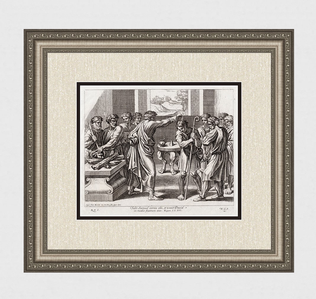Raphael 1649 Engraving Vatican Samuel anoints David: Raphael (Italian, 1483-1520). Samuel anoints David. Antique 1649 engraving on laid paper after the original from the series of etchings Biblical Scenes, after the frescoes by Raphael in the Vatican Lo