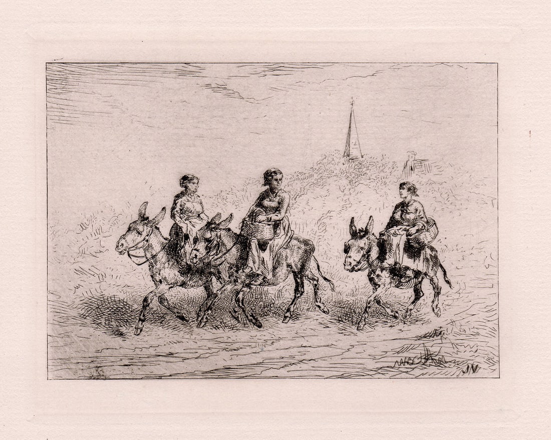 1872 Jules Jacques Veyrassat Donkey etchings signed: Jules Jacques Veyrassat. (French, 1828-1893). Asses. Original etching on thick laid paper. 1872. Signed in the plate, lower right. Excellent. Image Size 4 1/4 x 5 1/2 inches. Approximately 13 x 14 inc
