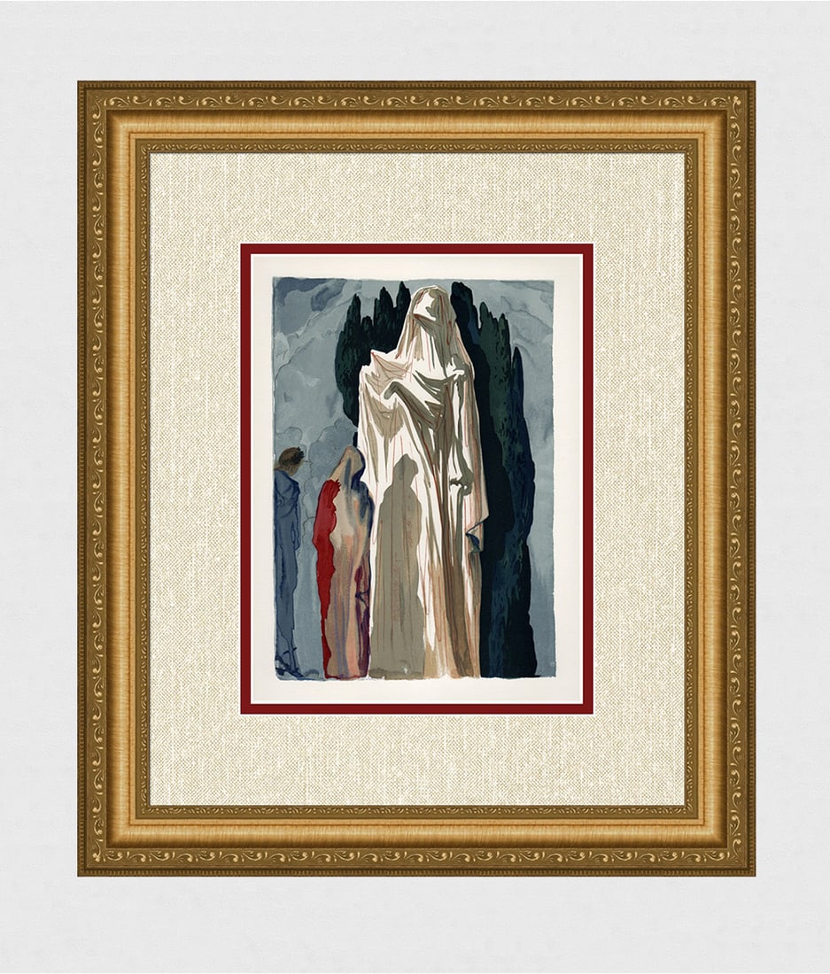 1960 Salvador Dali Heretics Authentic Woodcut: Salvador Dali. (1904-1989). "The Heretics" Enferno Canto 10. Authentic Original Color Woodcut from The Divine Comedy Printed in 1960 on B.F.K. Rives Paper ( this is not a reproduction, copy, or reprin