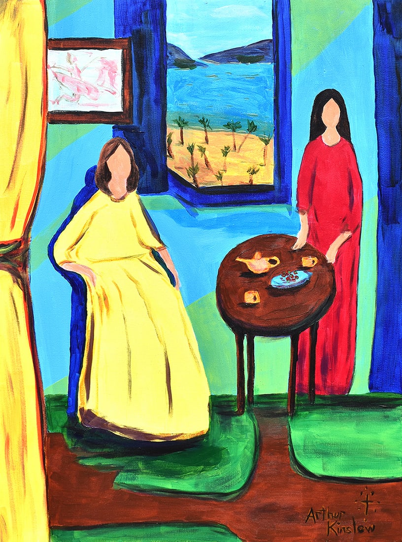 Arthur Kinslow Original Painting Tea Party 30 x 40 Inches: Arthur Kinslow ( American, 1955 - ) Tea Party. Original Acrylic on Canvas.Signed by the artist lower center. Canvas Size 30 x 40 inches. Arthur Kinslow has been involved in art his entire life and bel