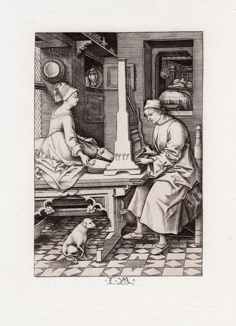 Israhel van Meckenem The Organist engraving: Israhel van Meckenem (also known as Israhel van Meckenem the Younger) (German, c. 1445-1503). The Organist. Image Size 4 1/4 x 6 1/4 inches. Antique Engraving on Laid Paper after the Original by Renow