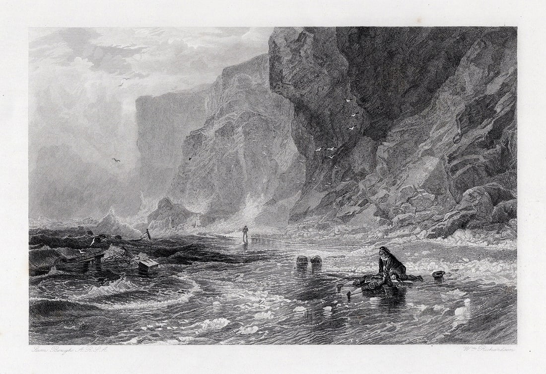 1800s SAMUEL BOUGH Engraving Mordaut Rescuing Cleveland Framed SIGNED: Samuel Bough (English, 1822-1878). The Storm, with Mordaut Rescuing Cleveland. Antique Engraving on wove paper by master engraver William Richardson (British, 1847-1860 fl.). Year: 1871. Signed in the