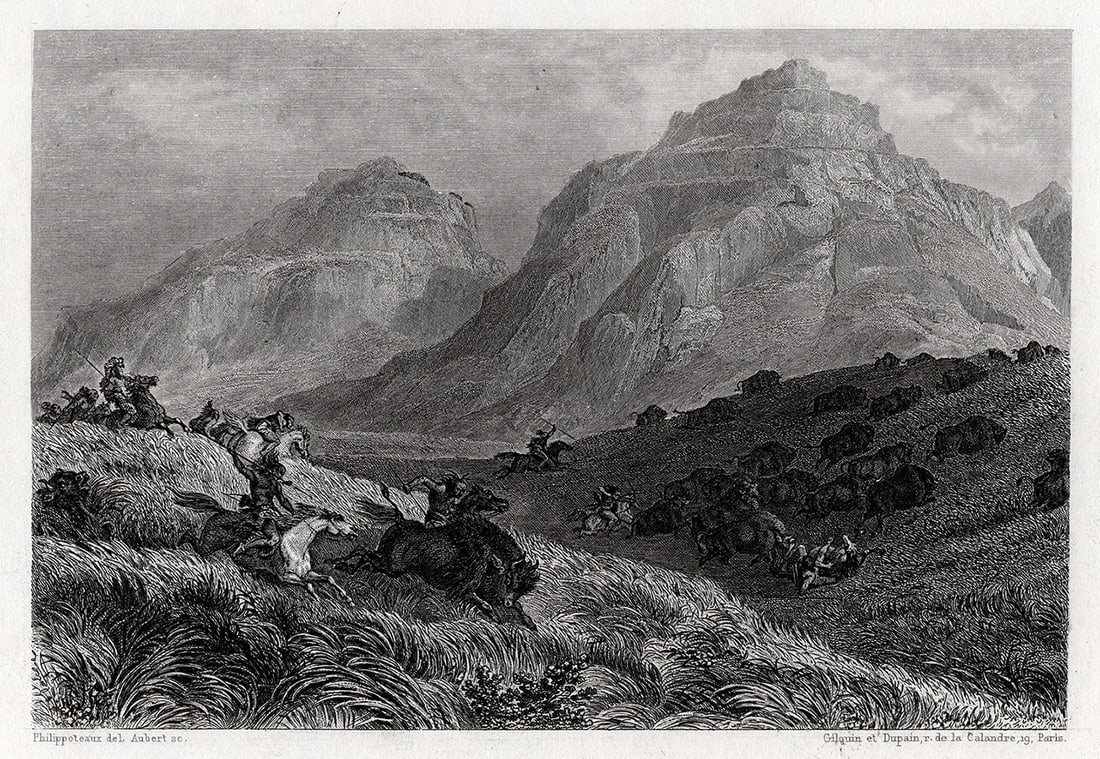 Henri Feix Emmanuel Philippoteaux 1800s Engraving HUNTING BISON Framed Signed (1 of 3)