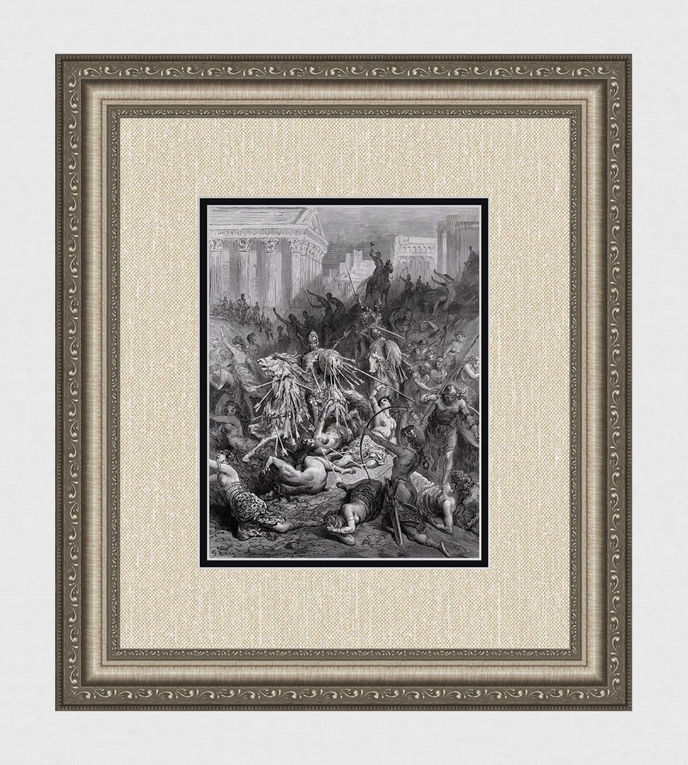 Gustave Dore 1800s Woodcut The Battle with the Fierce Women Framed Signed: Gustave Dore (Paul Gustave Louis Christophe Dore )(French, 1832-1883). In the battle with the fierce Women, Astolfo's horn terrifies friend as well as foe. (From Orlando Furioso). Antique woodcut on w