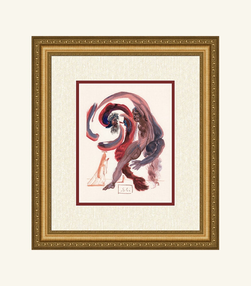 Salvador Dali Accidia 1960 Woodcut Signed Framed: Salvador Dali. "The Fourth Terrace" Purgatory Chant 18. Authentic Original Color Woodcut from The Divine Comedy Printed in 1960 on B.F.K. Rives Paper ( this is not a reproduction, copy, or reprint, bu
