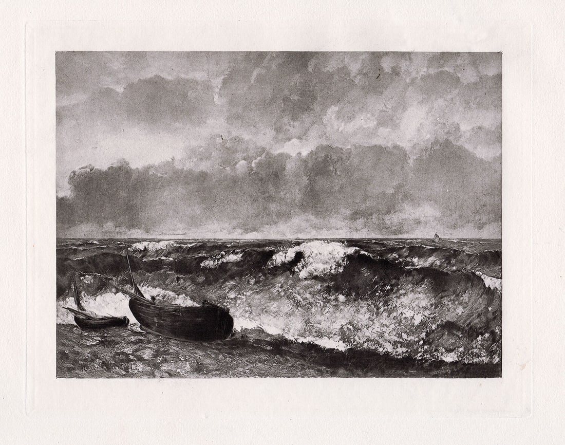 Jean Courbet The Wave 1885 print: Jean Desire Gustave Courbet. (French, 1819-1877). The Wave. Antique Heliogravure on wove paper after the original oil on canvas by Boussod & Valadon. 1885. Excellent. Image Size Size 6 x 7 3/4 inches.