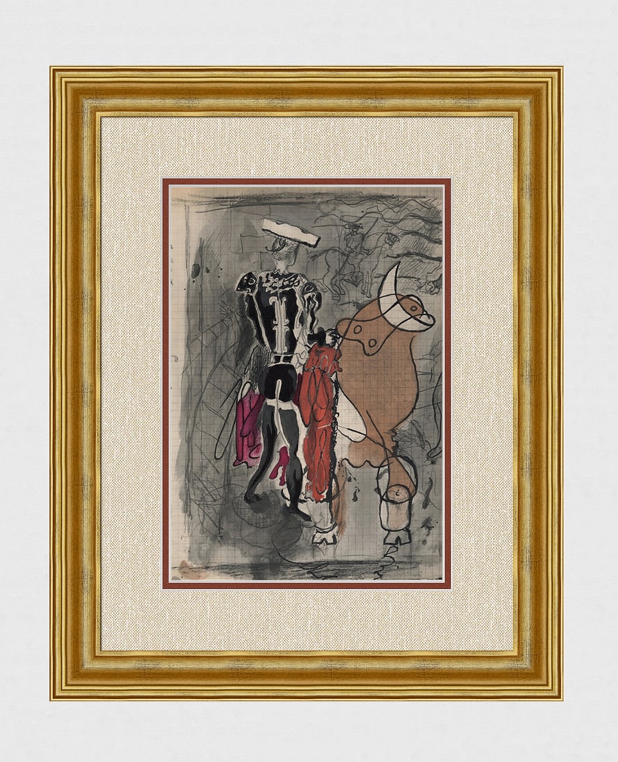 Georges BRAQUE 1955 Vintage Color Lithograph Battling the Bull FRAMED: Georges Braque (French, 1882-1963). Bullfighter II (Torero). Mixed media lithograph on wove paper. Year: 1955. Publisher: Teriade. Printer: Mourlot Freres.Image Size 9 1/4 x 13 3/8 inches.Framed dimen