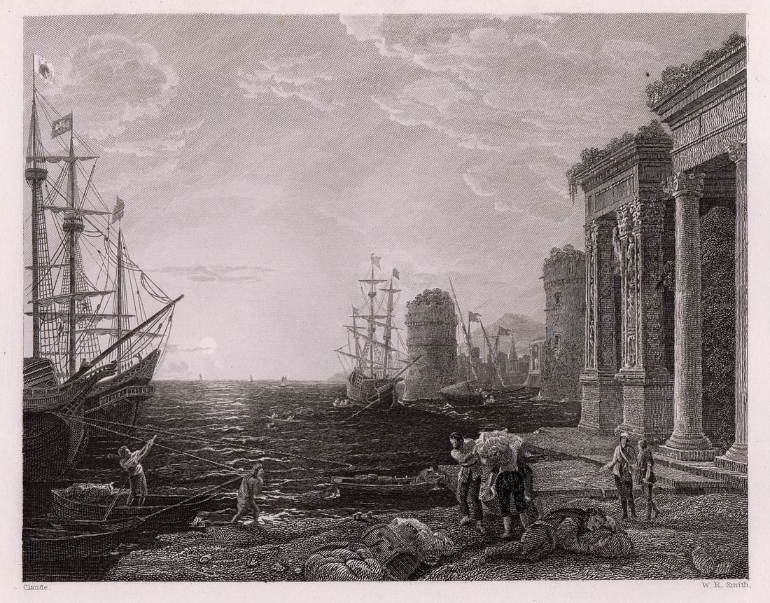 1834 Claude Lorrain A Seaport in the Mediterranean engraving signed (1 of 2)