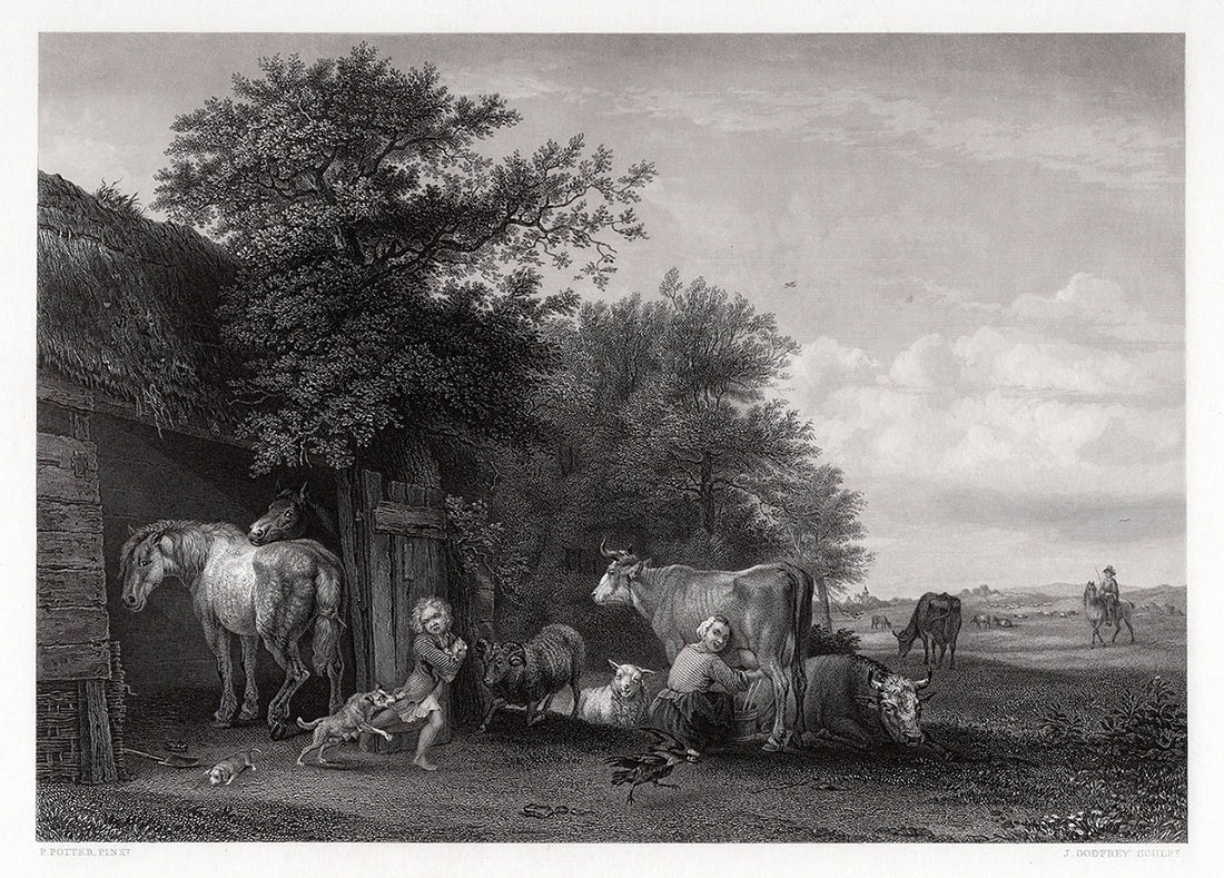 1800s PAUL POTTER Etching "Milking Time" Framed SIGNED (1 of 3)